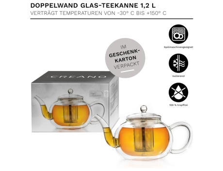 Creano Doppelwandige Glas Teekanne - flach - 1200ml