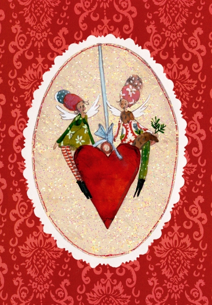 Silke Leffler - Weihnachtsdoppelkarte  mit Glitzer ""Engel auf Herzen"