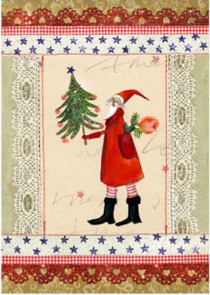 Silke Leffler - Weihnachtsdoppelkarte  mit Glitzer ""Weihnachtsmann mit Tanne"