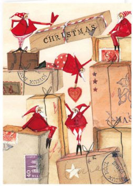 Silke Leffler - Weihnachtsdoppelkarte "Weihnachtsmänner mit Paketen"
