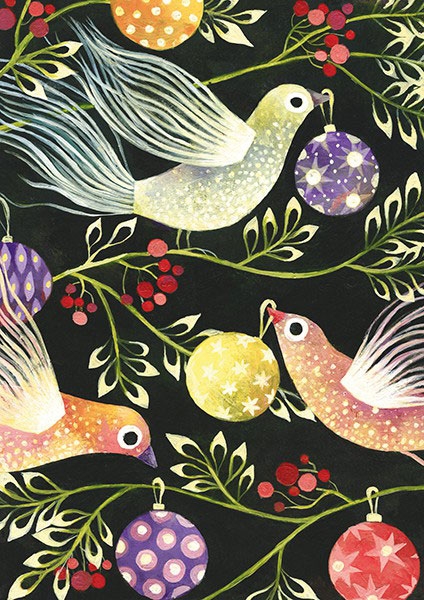 Aurélie Blanz - Weihnachtsdoppelkarte ""Vögel und Baumkugeln"
