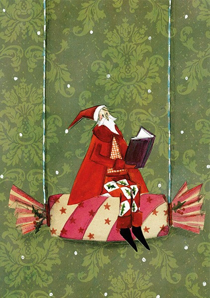 Silke Leffler - Weihnachtsdoppelkarte  mit Glitzer ""Weihnachtsmann auf Bonbon"